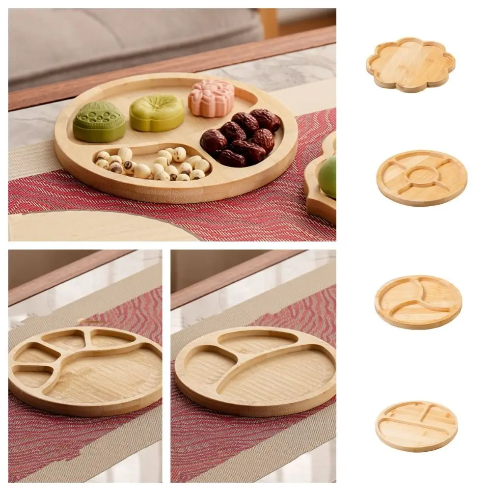 Sturdy Round Wooden Divided Fruit Tray Nut Platter Multi-cell Snacks Server Dish Handcrafted Wooden Fruit Snack Plate Dessert