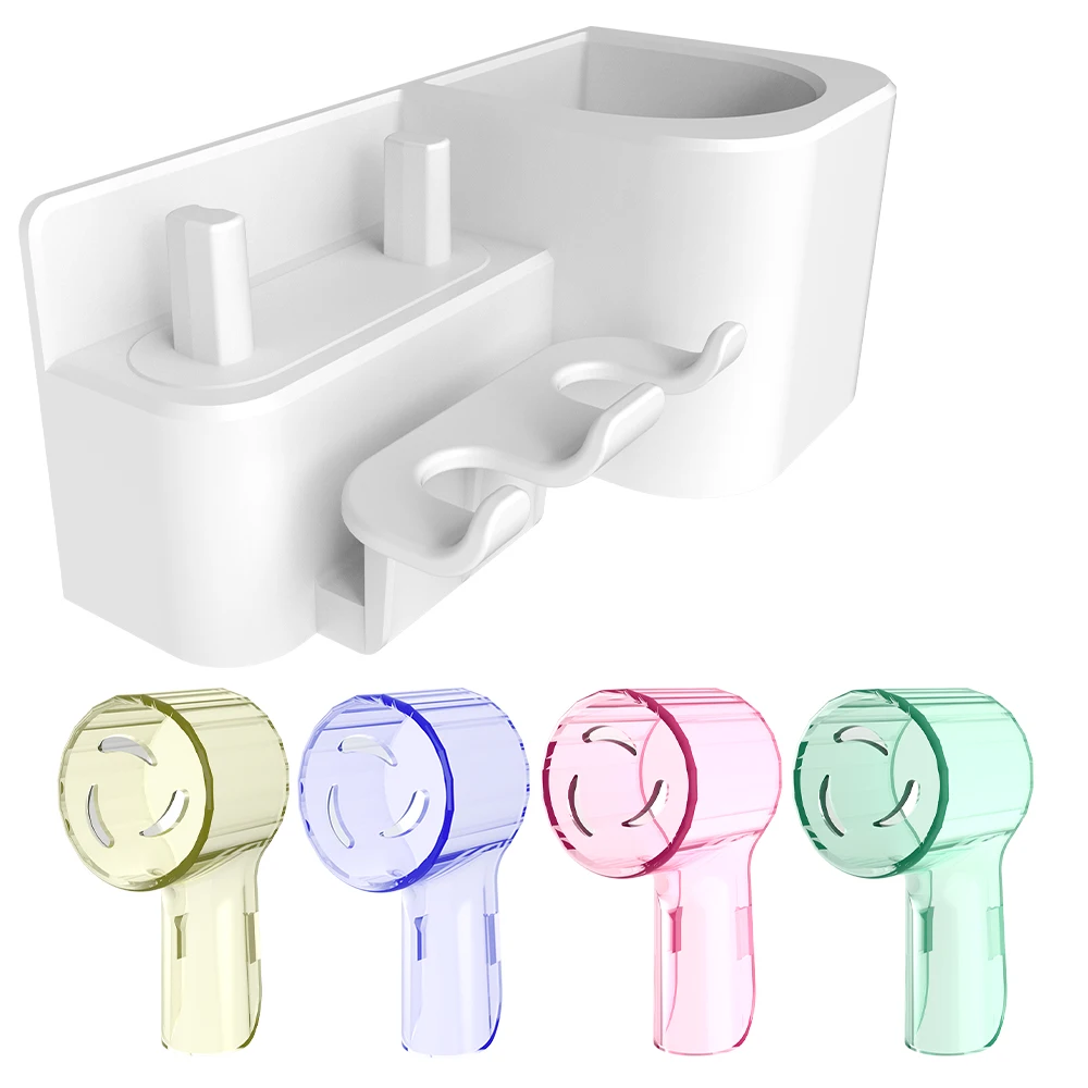 

4 насадки для зубных щеток, пылезащитные колпачки и самоклеящаяся подставка для хранения зубных щеток, совместимые с электрическими зубными щетками Oral B