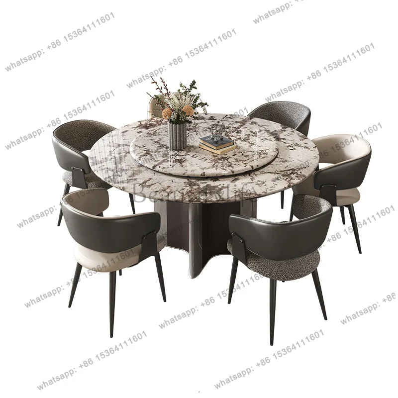 Italian light luxury dining table marble household round table with turntable