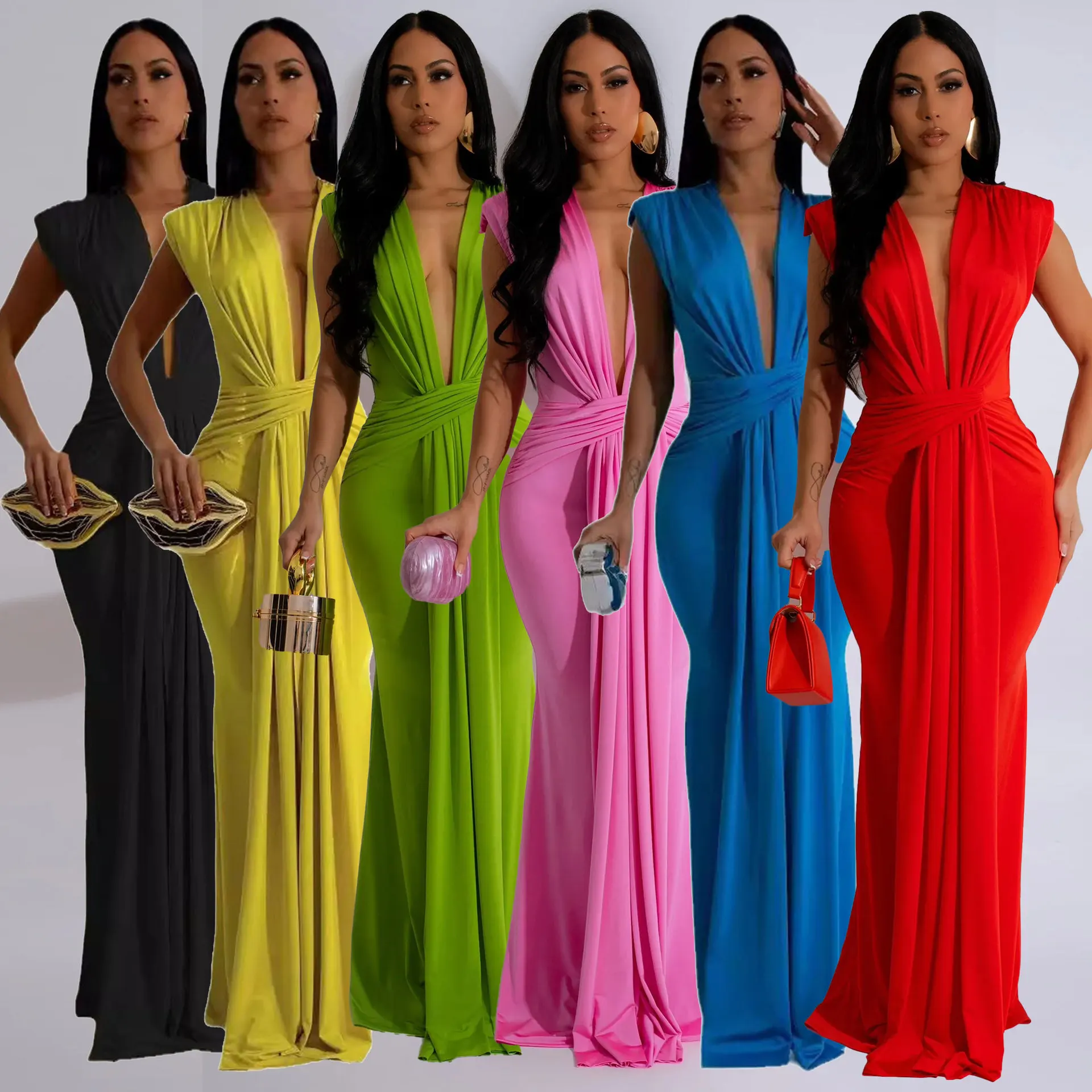 Sukienka Damska Długie Sukienki Głęboki Dekolt V Bez Rękawów Solidny Slim Fit Obcisła Talia Seksowny Elegancki Splice Hip Wrap Temperament Vestidos