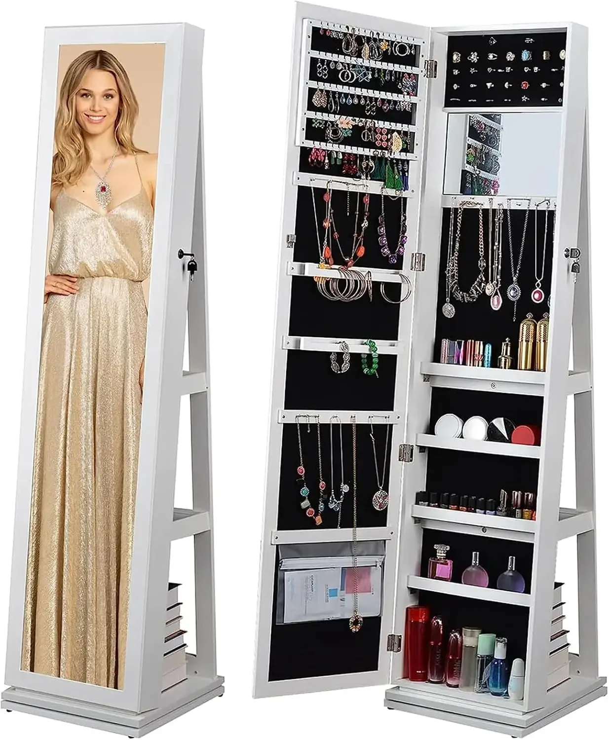 

Jewelry Armoire 65" H,Full Length Mirror 360° Swivel, Storage Shelves, Lockable Standing Jewelry Cabinet Organizer with Large St
