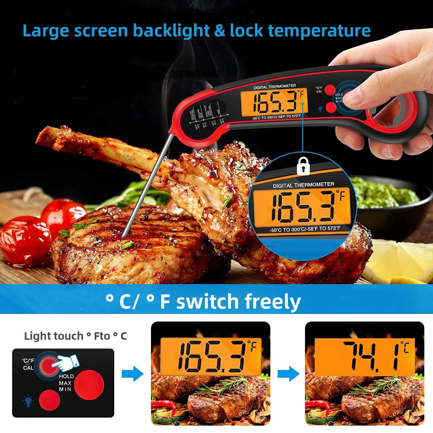 Red Foldable Digital Kitchen Food Thermometer Fast Measurement Waterproof Bottle Opener for Meat Water Milk Cooking BBQ Grilling