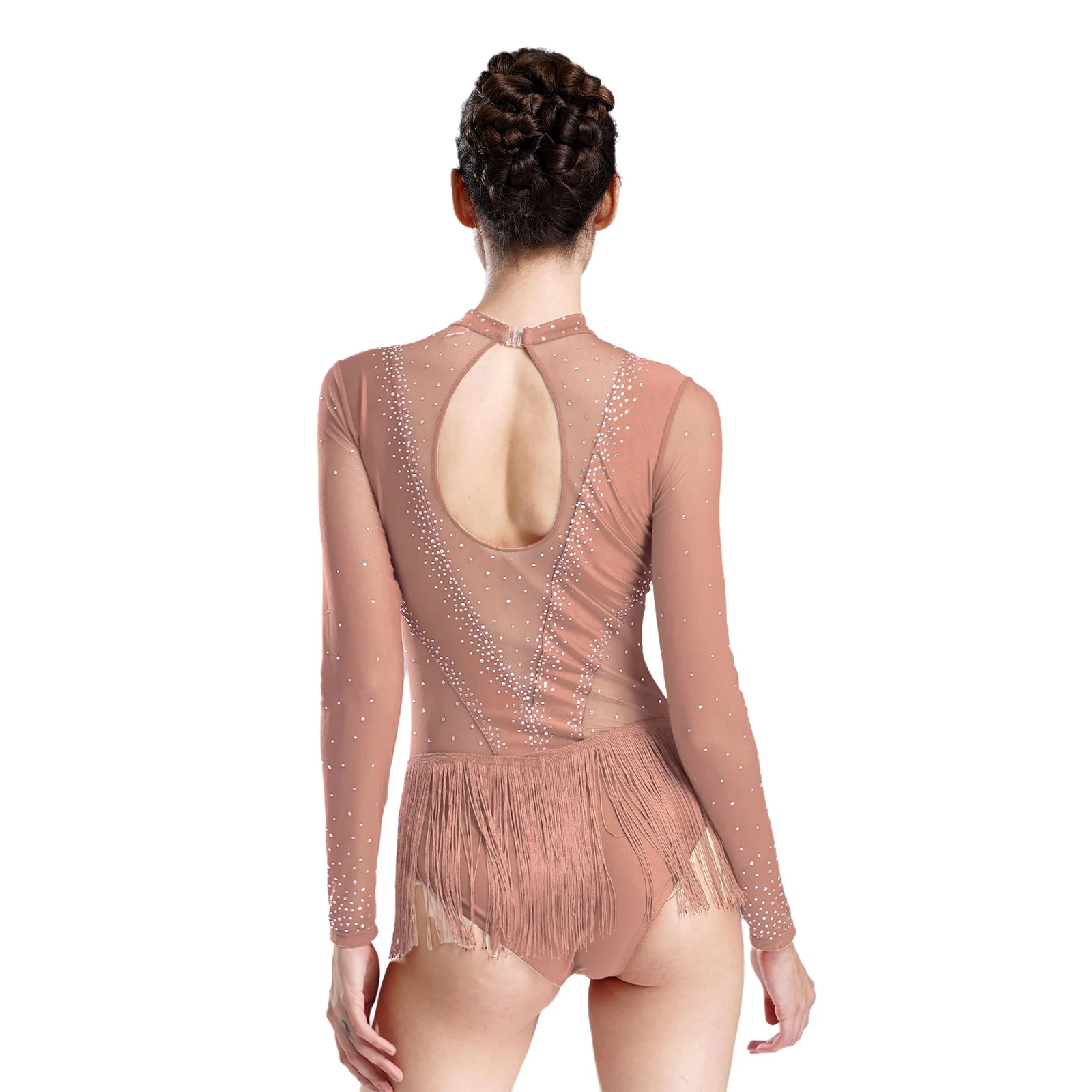 Donne latino Tango Cha Cha Dance body ginnastica danza Unitard pattinaggio artistico costumi strass Sheer Mesh nappa body