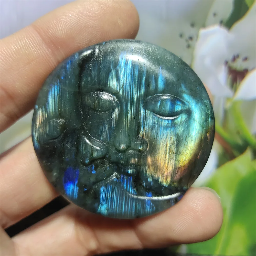 Labradorite Carving Sun Moon Face Hand-Carved Crafts Natural Crystals Quartz Healing Reiki Home Decoration