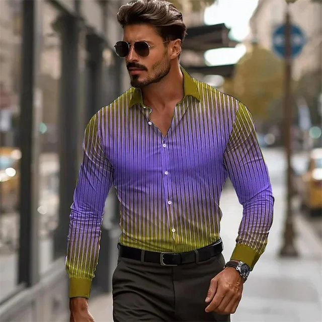 Color Blocking Gradient New Men's Casual Shirt Lightweight Long Sleeved Hawaiian Beach Men's Shirt T-Shirt Linen Shirt MB12