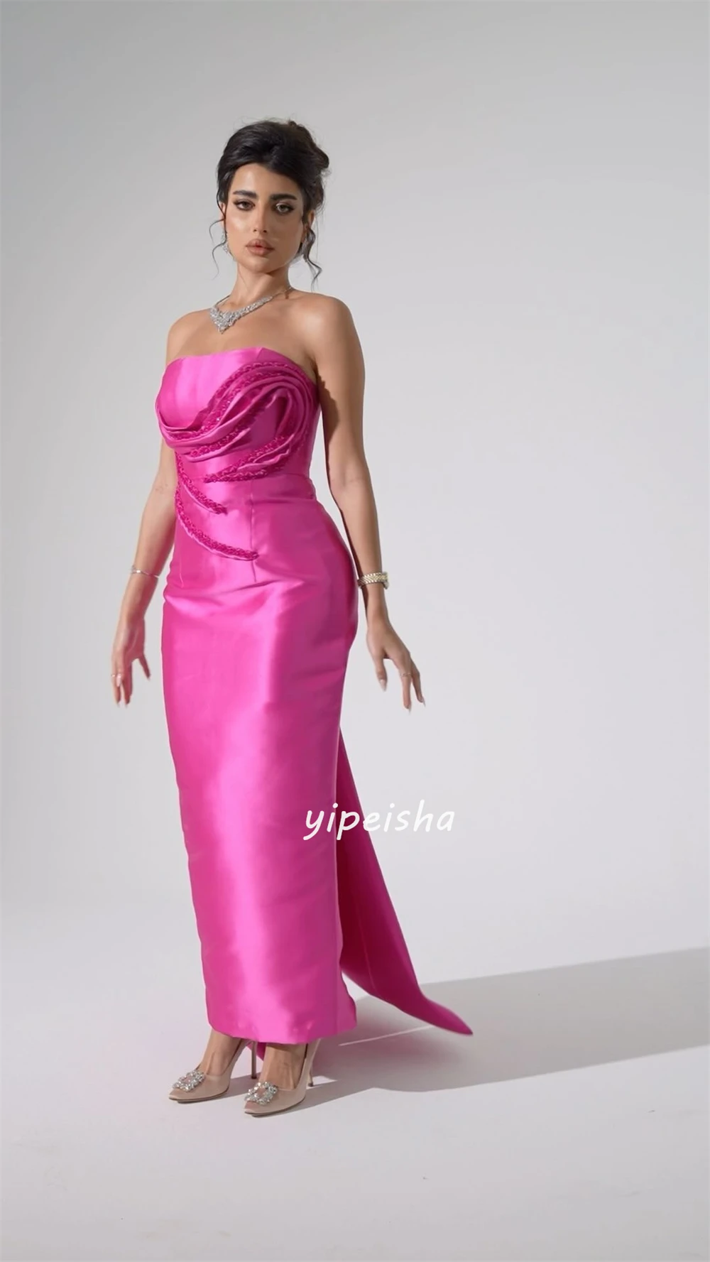 Simple Satin Pleat Column Strapless Midi Dresses Celebrity Dresses Modern Style Elegant Exquisite High Quality Sparkle Sexy