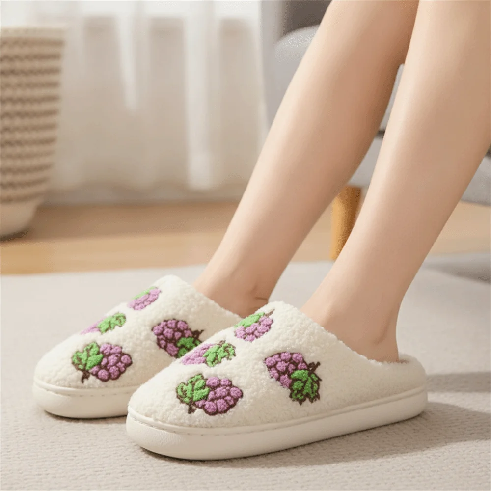Oranges Peaches Fruit Plush Slippers Watermelon Grapes Avocados Winter Fluffy Slippers Plush Toe Wrap Soft Plush Slippers
