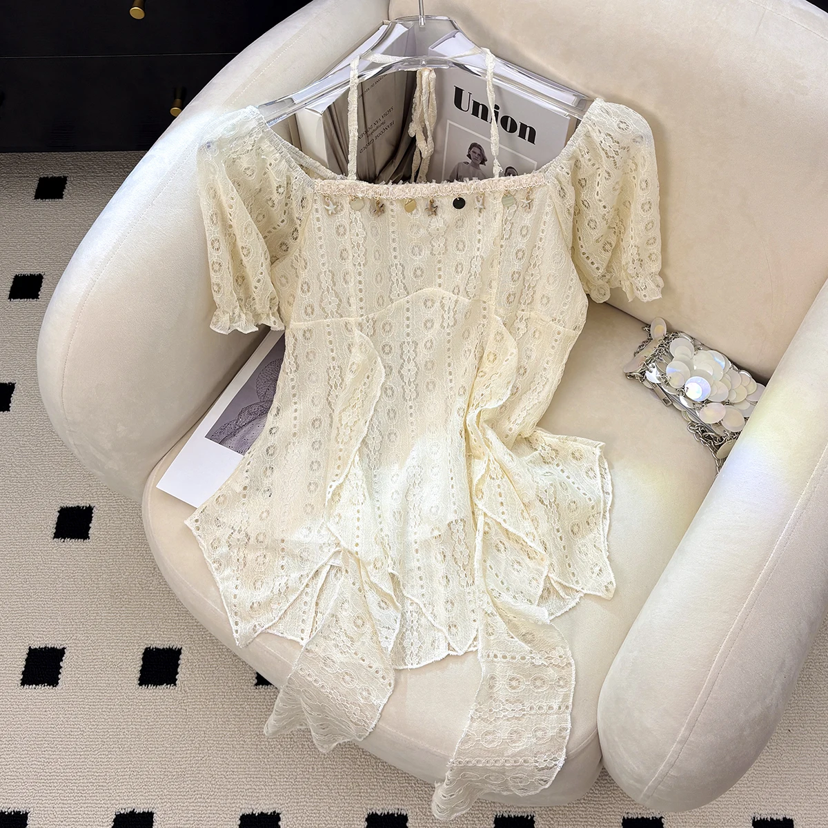 

French Sequin Shell Decoration Hollow Out Short Sleeve Lace Shirt For Women's Summer New Salsh Neck Irregular Pullover Sweet Top