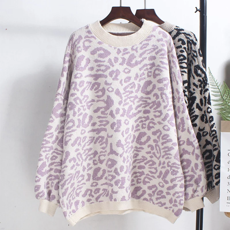 

Autumn New Casual Leopard Pattern Sweater Women Loose Mix Color Soft Jumpers Crew Neck Long Sleeve FemalePullovers