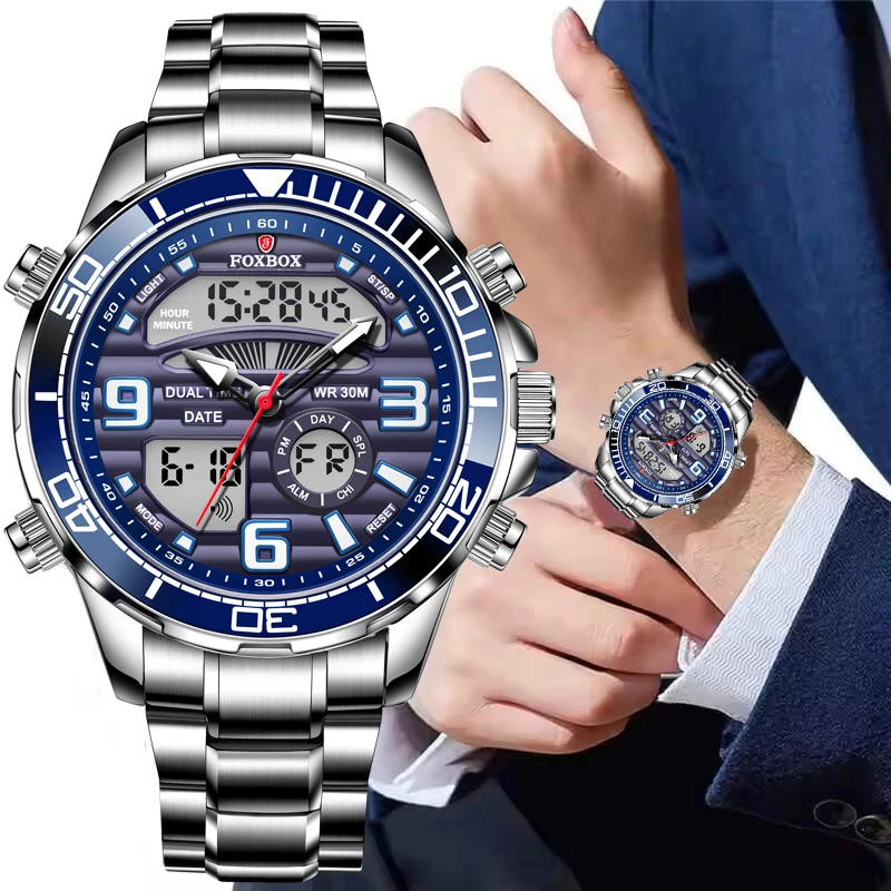 foxbox-カジュアルスポーツウォッチ男性用シルバーステンレス鋼防水発光メンズクォーツ腕時計レロジオマスキュリーノ-ボックス