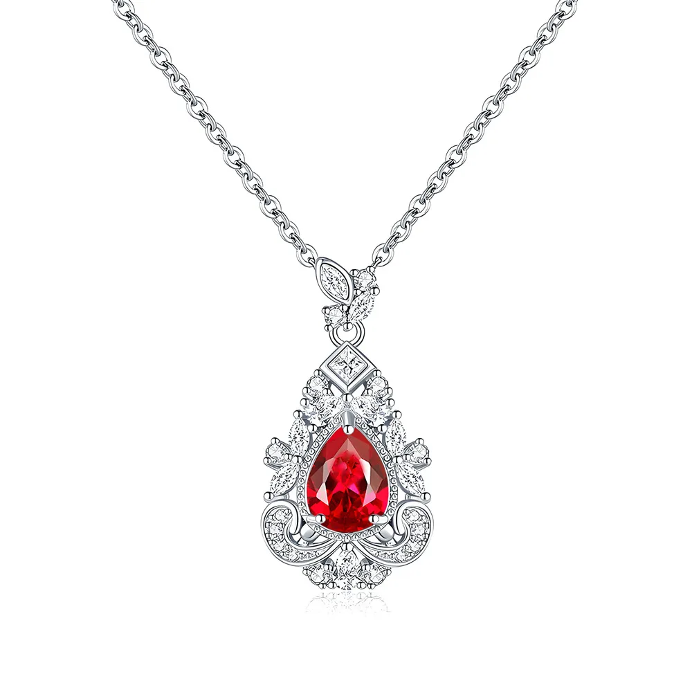 

New luxury ruby water drop pendant S925 sterling silver European and American royal retro style necklace