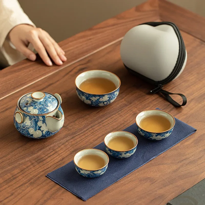 Imitation Song Ru Kiln Yuan Blue and White Teapot 1 Pot 4 Cups Travel Tea Set Ceramic Hand-held Pot Portable Outdoor Express Cup