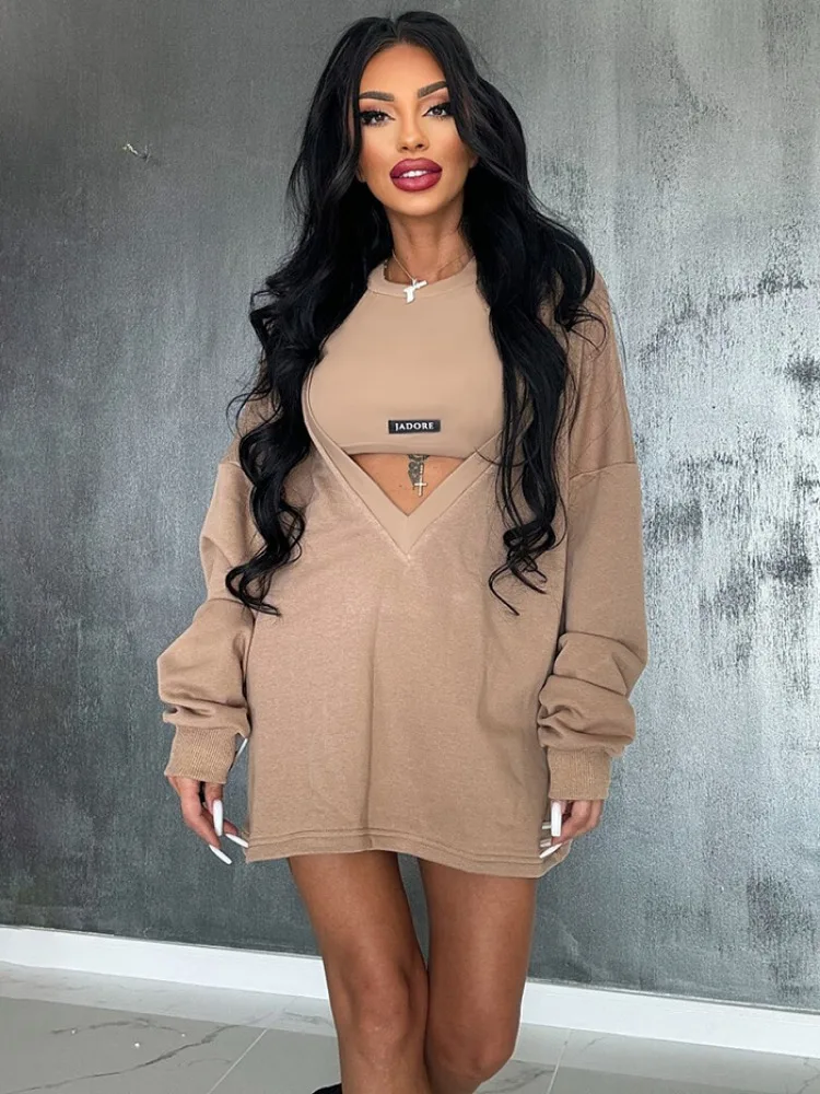 Oshoplive Women Fashion Loose Solid Color Round-Neck Mini Dresses & Vest Tops High Street Two Pieces Sets 2024 New Spring