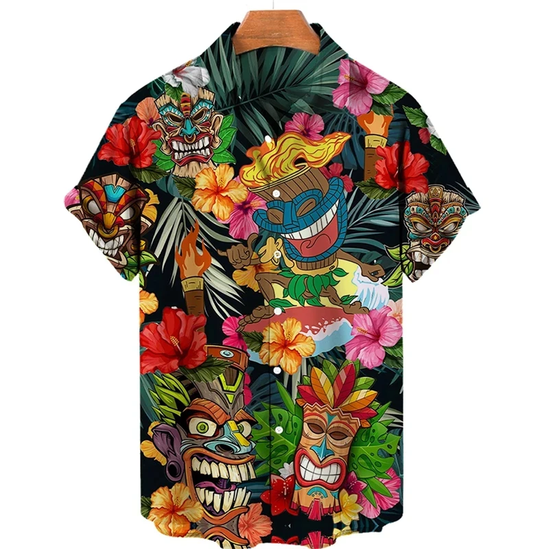 Tiki Moai Shirt Men\'s Clothes 3D Print Hawaiian Shirts Vintage Civilization Horror Skull Graphic Blouses Casual Y2k Aloha shirts