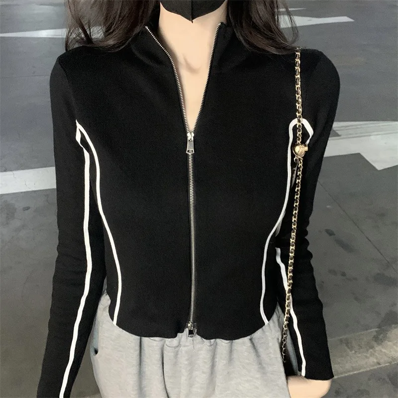 

Y2k Aesthetic Cropped Jackets Women Harajuku Stand Collar Slim Coats Fashion New Streetwear Zipper All Match Vintage Outwear