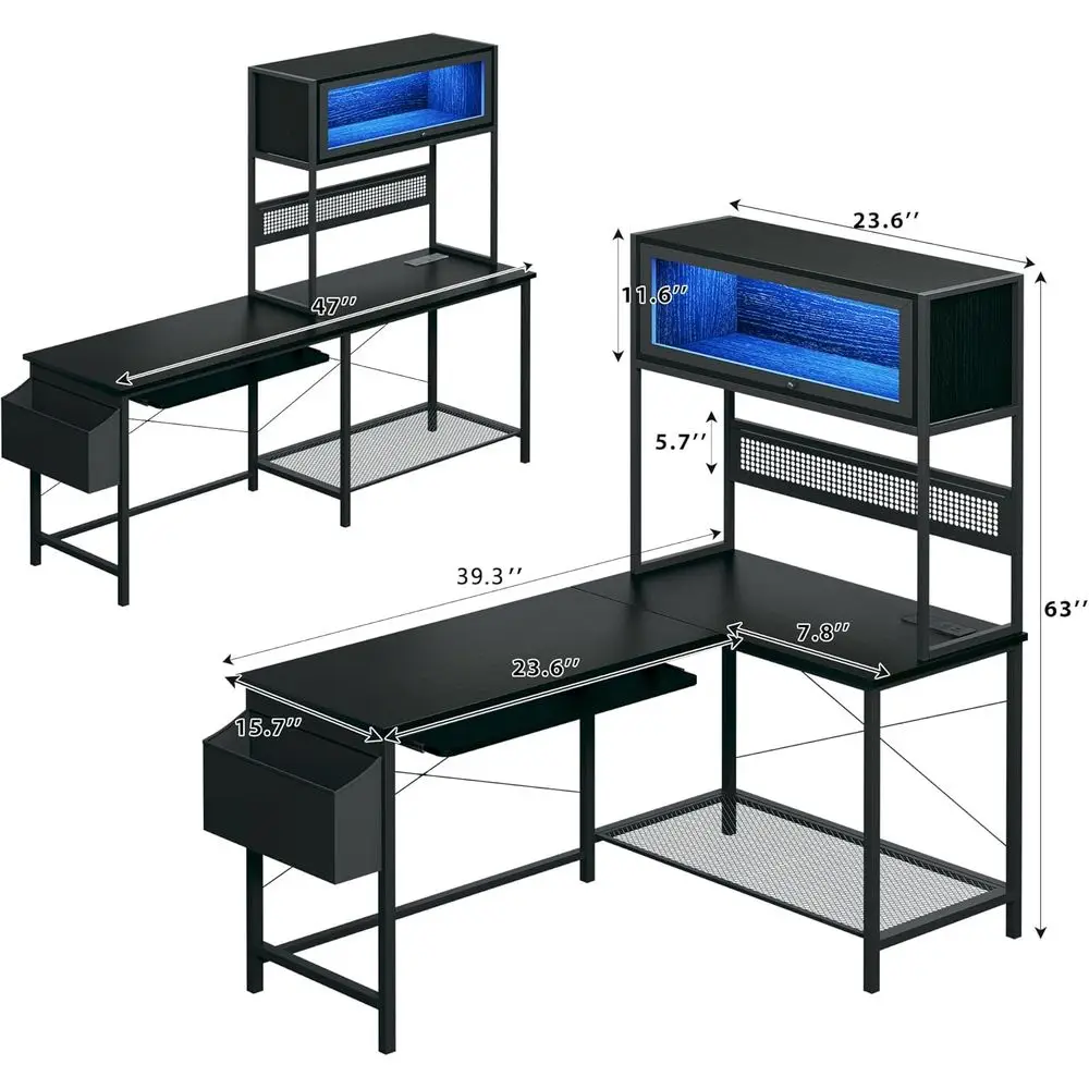 39 مكتب ألعاب على شكل حرف L مضاء بإضاءة LED مع منافذ طاقة وخزانة وتخزين، أسود