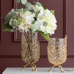 Gold Hollow Coral Vase Transparent Glass Vase Ornament Metal Rack Living Room Hydroponic Flower Arrangement Home Decoration