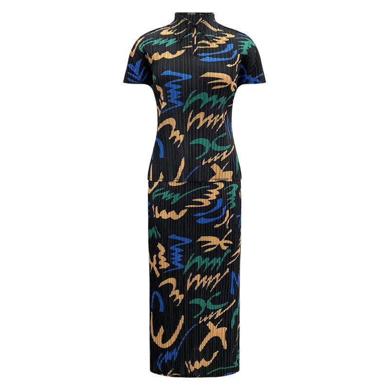 Miyake Fold 2025 Summer New Letter Printed Fold Set Women's Simple Short Sleeve Pleats Top Fashion Half Skirt Two Piece Set