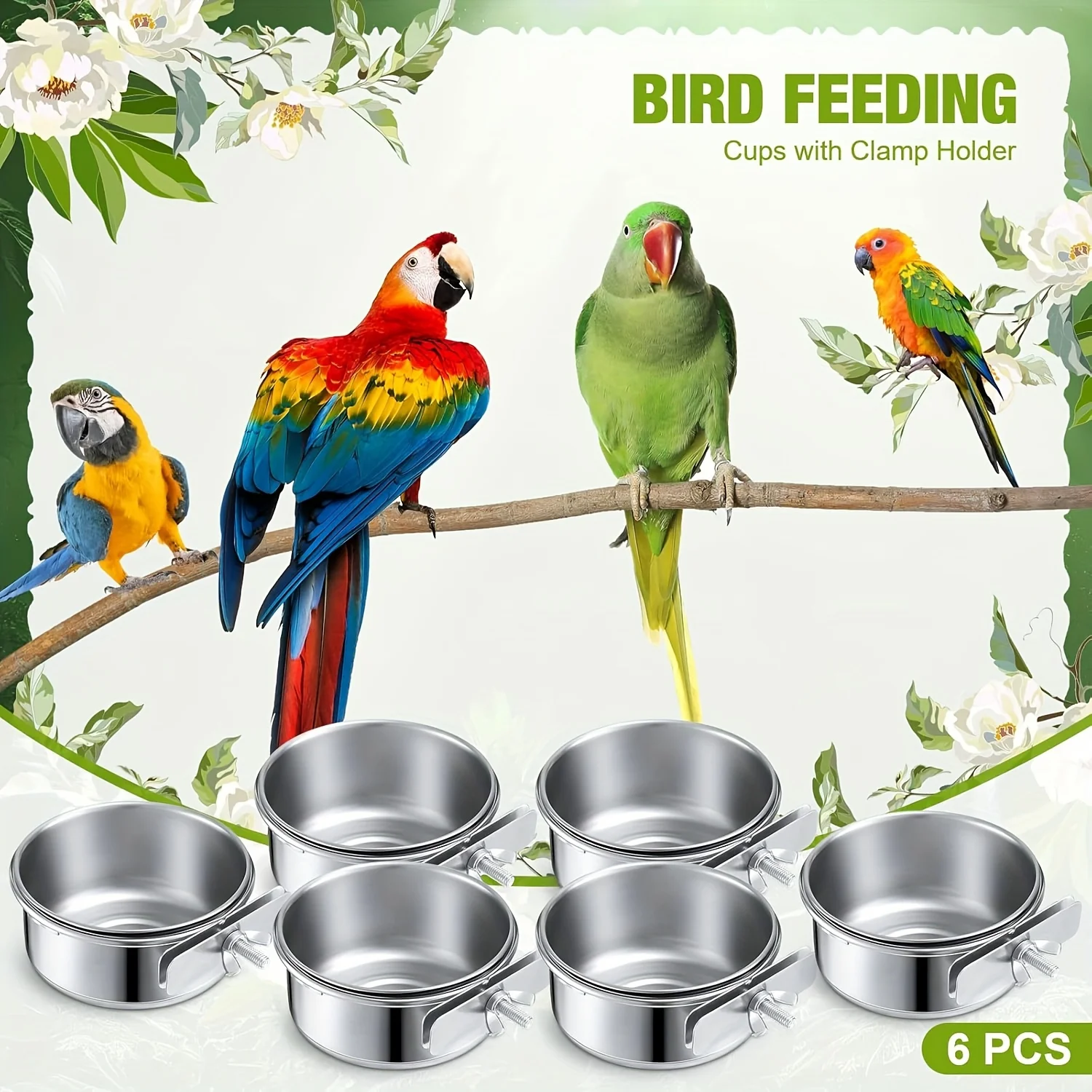 

6pcs stainless steel pet feeding bowl 10 ounces, used as a birdcage bowl for parrots, love birds and small animals for cage use