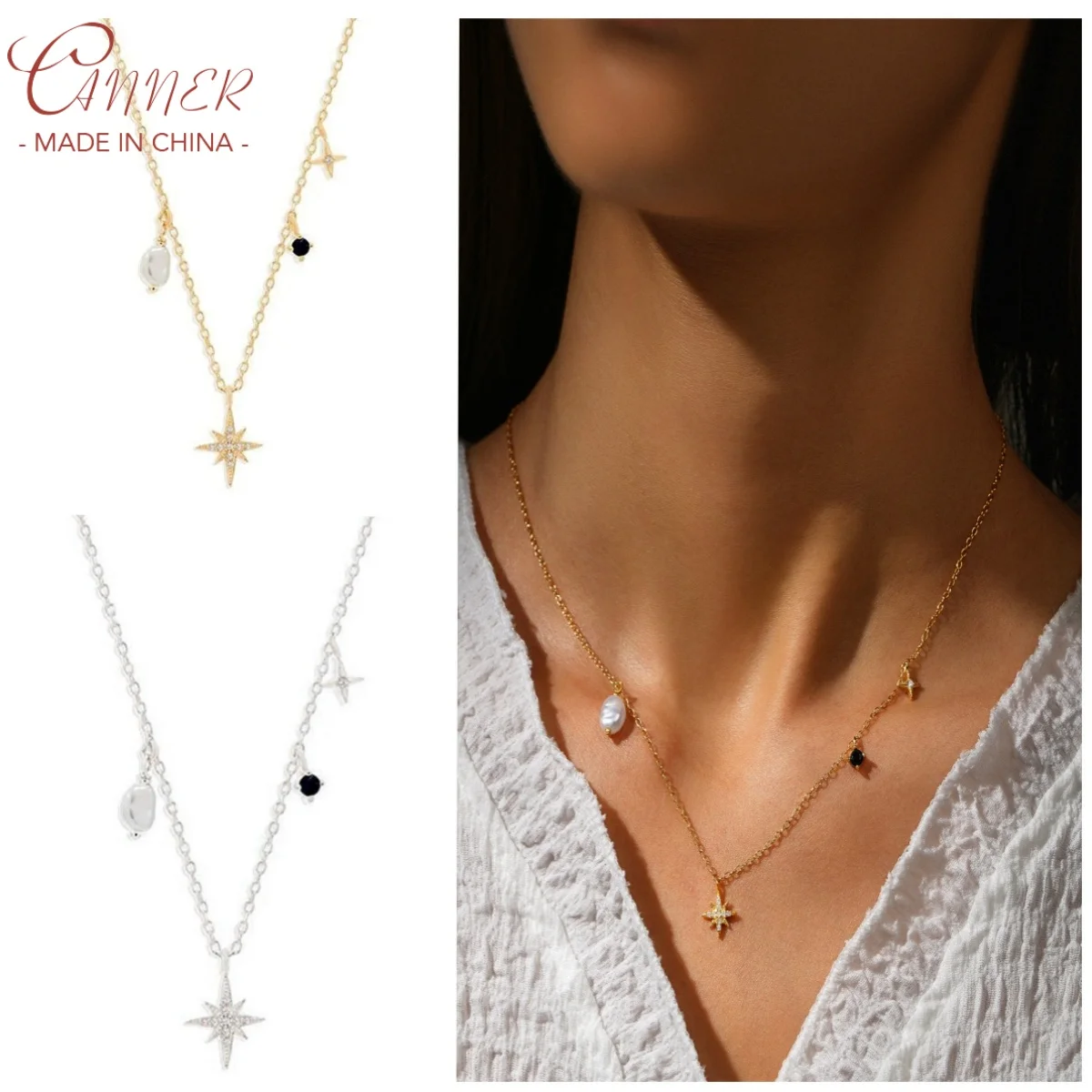 CANNER Fashion Style 925 Sterling Silver Clavicle Necklaces Simple Set with 5 Claw Set Irregular Zirconia Pendant Necklace
