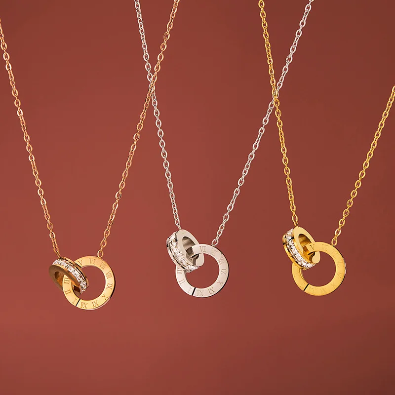 Luxury Elegant Crystal Circle Choker Fashion Roman Digital Stainless Steel Gold Silver Color Pendant Necklaces for Women Jewelry image 4