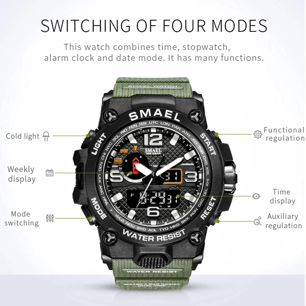 SMAEL Brand 1545D Men Sports Watches Dual Display Analog Digital LED Electronic Quartz Wristwatches Waterproof Swimming Watch