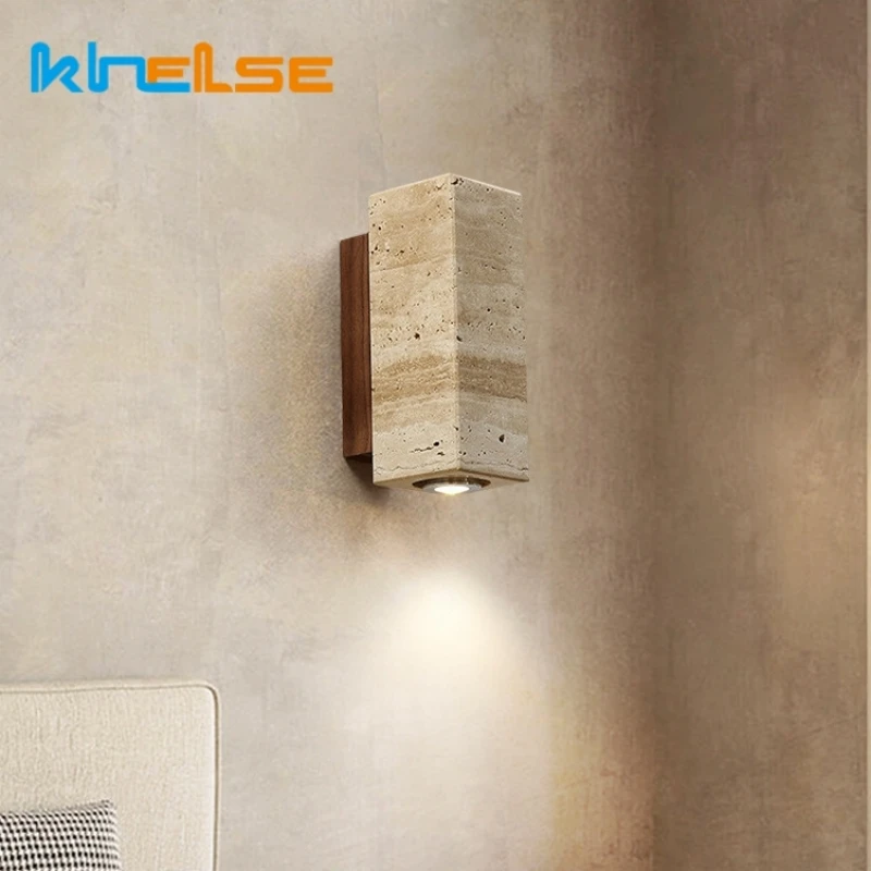 Retro Yellow Travertine LED Wall Lamp E27 Wabi Sabi Stone Bedroom Bedside Light Decor Corridor Aisle Sconce Lighting Fixtures