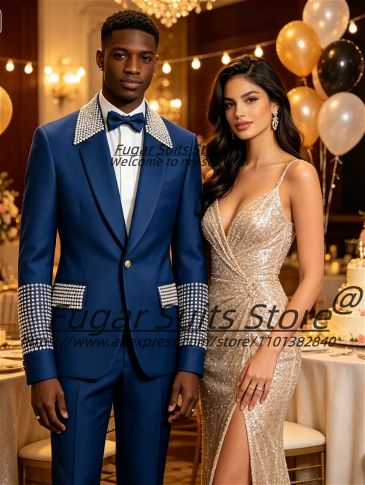 

Silver Crystal Rhinestone Royal Blue Men Tuxedo 2 Pieces Set Satin Peak Lapel Wedding Groom Suit Custom Formal Prom Birthday Gal