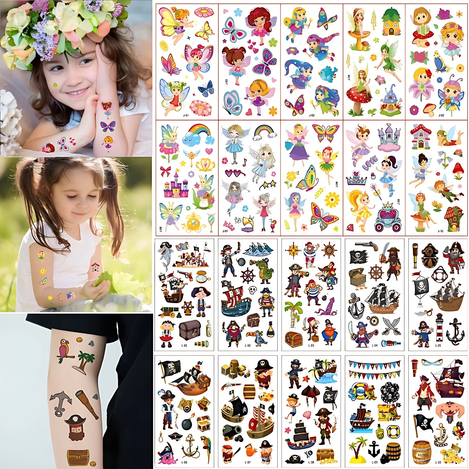 20pcs/set Cartoon Kids Children Tattoo Temporary for Face Hand Back Shoulder Butterfly Elf Castle Pirate Anchor Tattoos Stickers