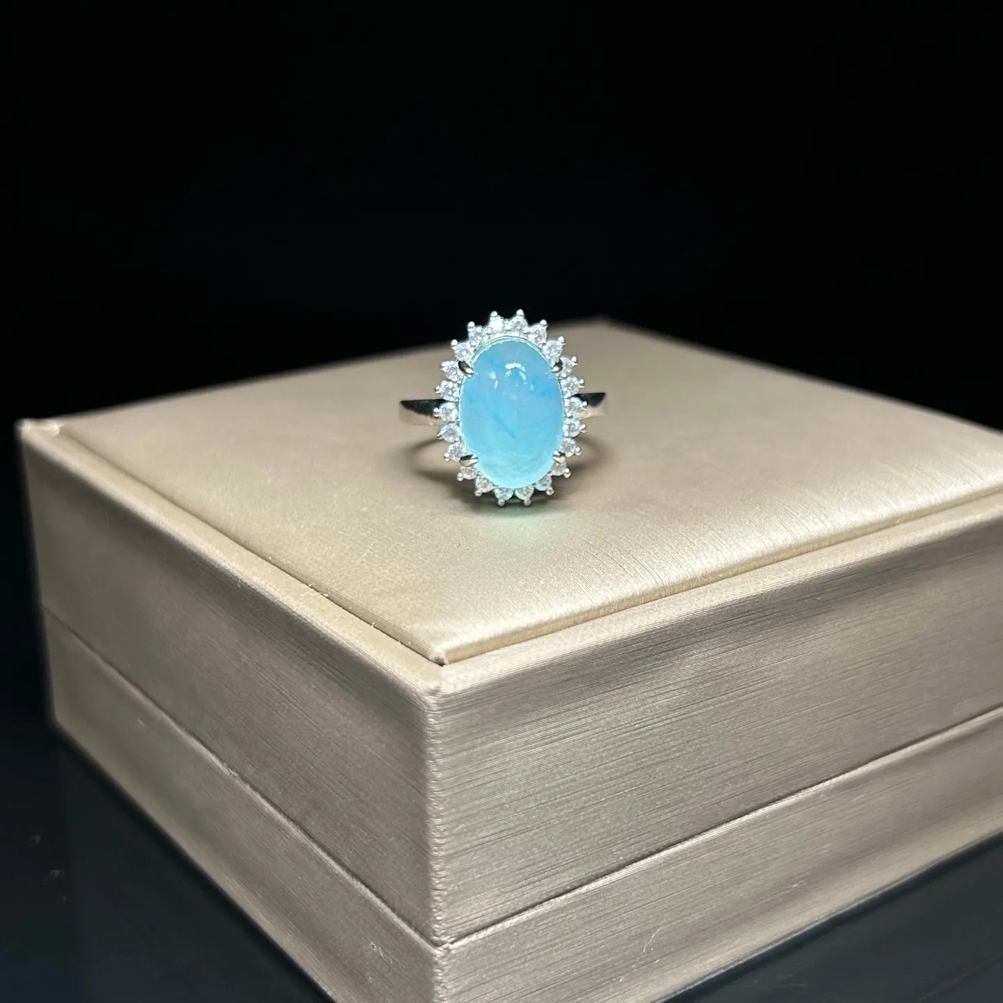 Real Natural Inlay Ice Blue Burmese Jade Jadeite Archaistic Amulet Ring
