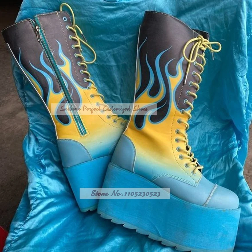 Blue Gradient Fire Flame Print Knee High Platform Boots Lace Up Super Thick Sole Punk Goth Shoes Festival Cosplay Wedged Boots
