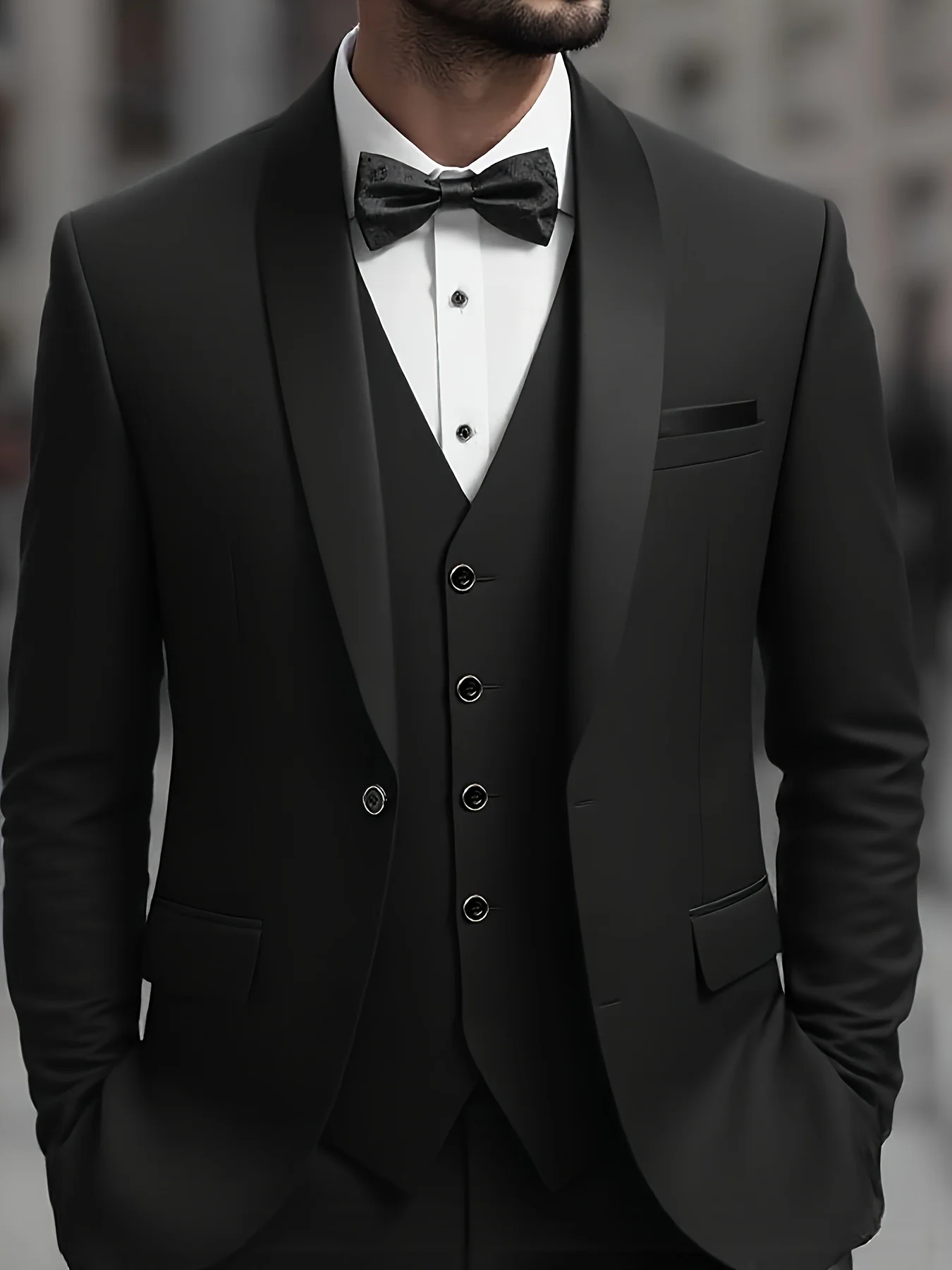 

Men'S Elegant Black Three-Piece Suit - Includes Vest, Blazer, and Trousers - Perfect for Weddings, Formal Events, and Busin