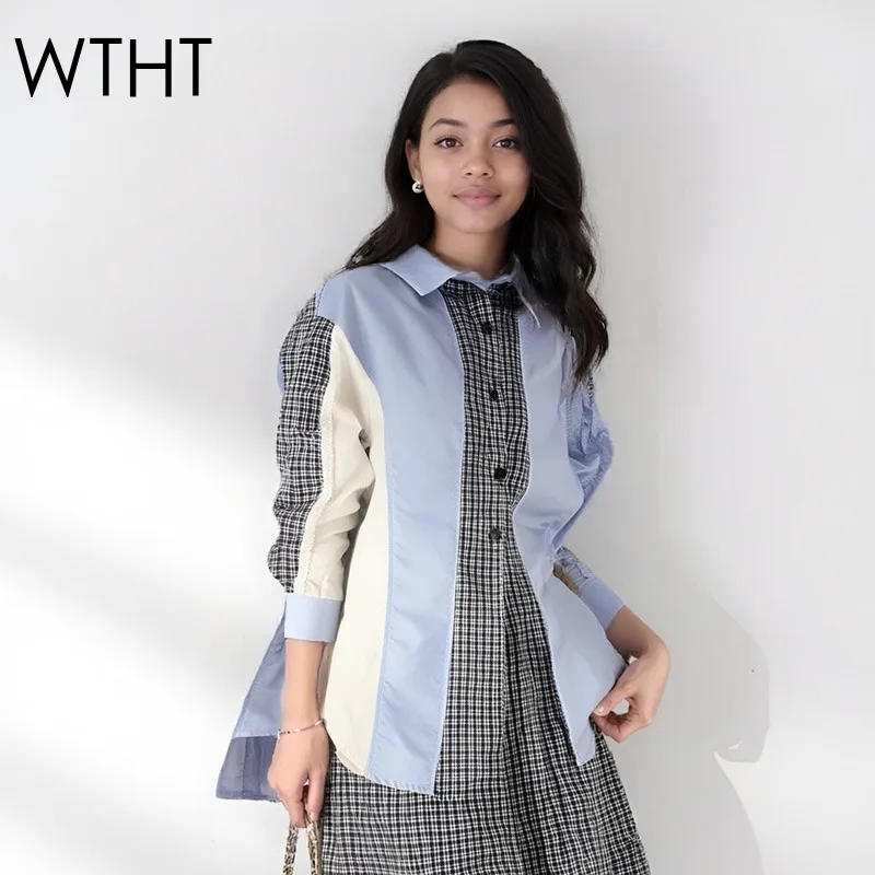 

WTHT new trendy women's irregular patchwork plaid casual shirt 2025 summer fashion lapel long sleeves blouse female