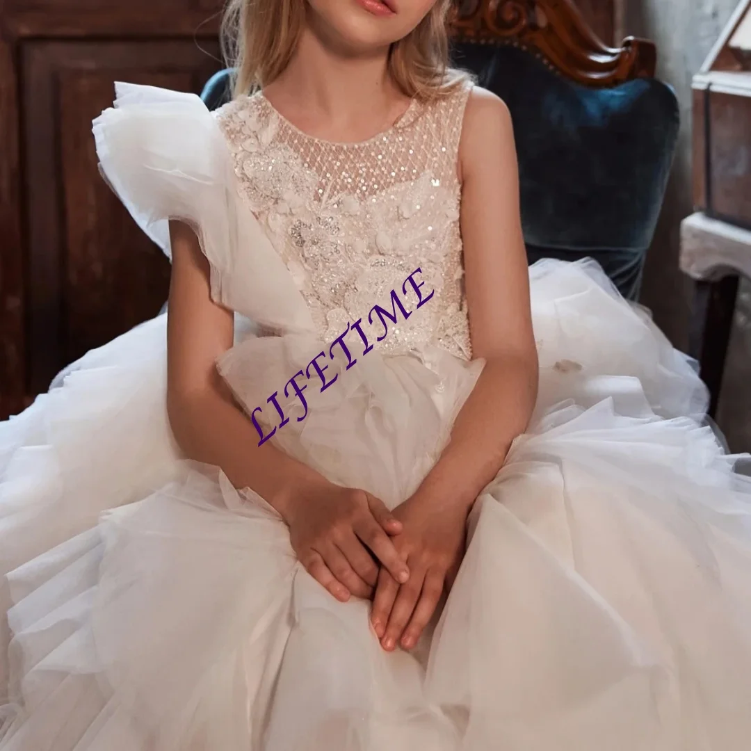 ふわふわスパンコールビーズプリンセスガウン子供のためのステージパフォーマンス豪華なレースのアップリケチュール女の子ドレスパーティー Wea カスタマイズ