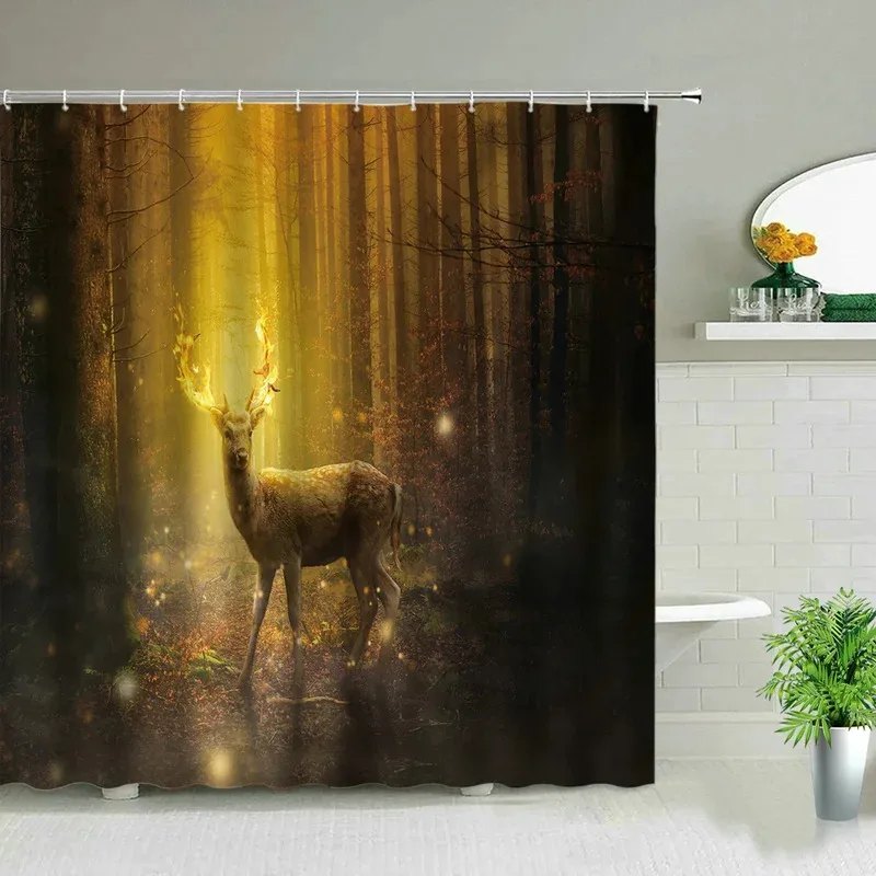 

JHB23Winter Landscape Woods Deer Shower Curtains Elk Animal Print Bathroom Decor Bathtub Partition Bath Curtain Waterproof F9Kj(