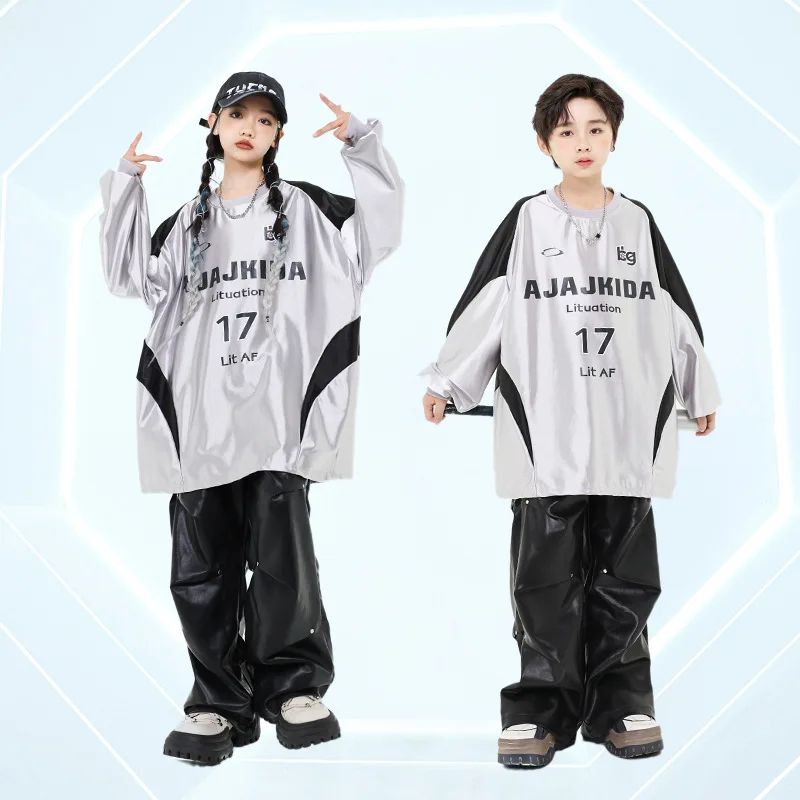 

Kid Hip Hop Clothing Silver Oversized Sweatshirt Black Rivet Faux Leather Casual Ruched Pants for Girl Boy Dance Costume Clothes