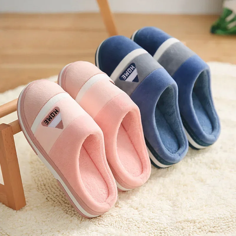 

Classic Men Slippers Winter Warm Cotton Slippers For Men Home Wear-Resistant Stripe Non-slip Indoor Slides Couple Women Shoes