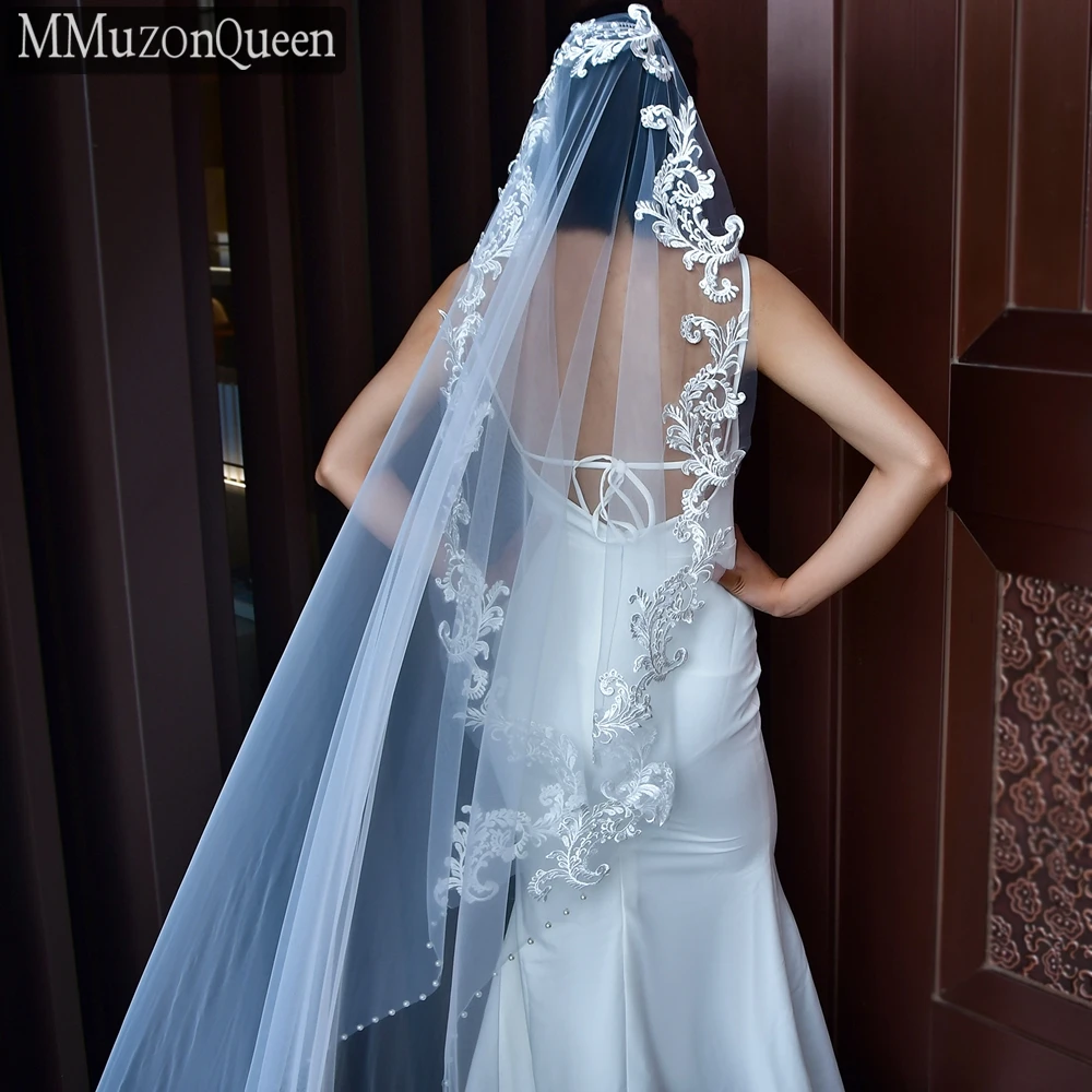 MMQ M45 Royal Cathedral Wedding Veil Lace Beaded Bridal Veils Pearl 1 Tier Tulle Yarn no Comb elegant brides headdresses