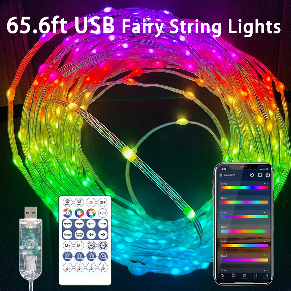 65.6ft 400LEDs USB Fairy String Lights Wifi Bluetooth Music WS2812B RGBIC Lighting Addressable Dreamcolor Christmas Lights DC5V