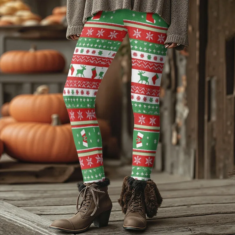 Weihnachten Vintage Punk Leggings warme Winter Thermo Stretch Hose mit Hirsch Schneeflocke Damen lustige Print Strumpfhosen Plus Größe – Detail 3