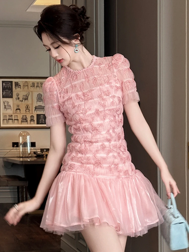 Women's Pretty Elegant Date Dress for Woman Kawaii Cute Pink Sheer Lace Mesh Swing Pleated Ball Gown