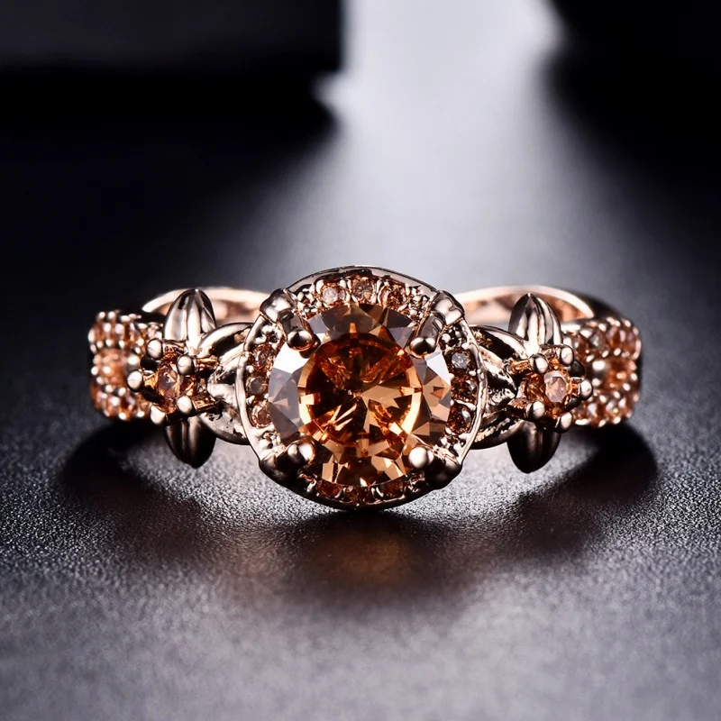 Vintage Floral Champagne Zircon Ring From Europe and America, Exquisite Rose Gold Carved Flower Surround with Accessories