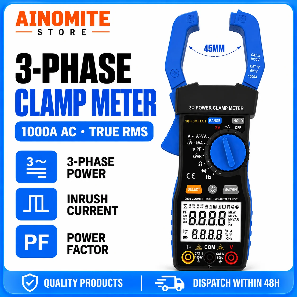 TRMS Digital Clamp Meter 9999 Counts Auto Range, AC/DC Volt Amp Ohm Tester, Inrush Current Multimeter with Continuity, NCV