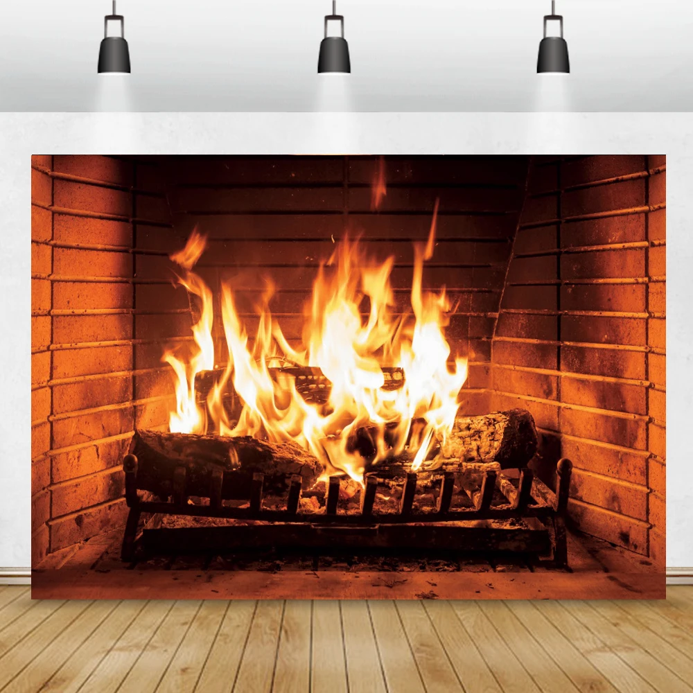 Fire Photo Backdrop Fireplace Burning Firewood Home Decor Poster Christmas Brick Wall Photography Background For Photo Studio