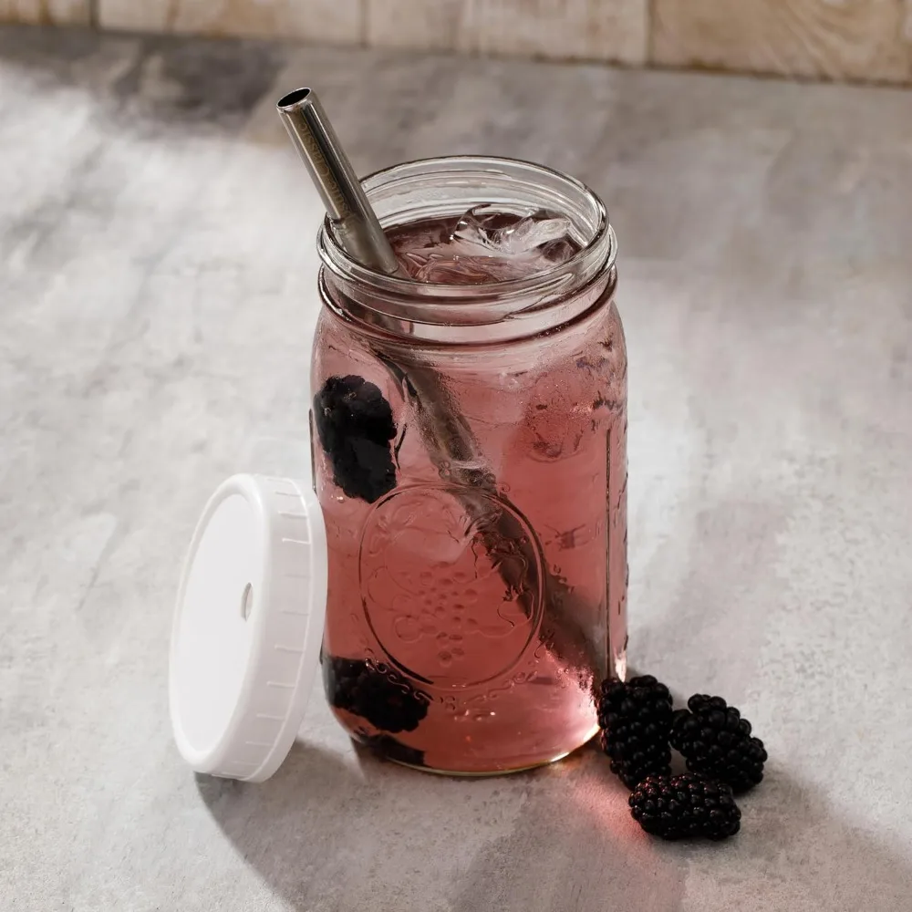 أكواب شاي بوبا ذات فم واسع قابلة لإعادة الاستخدام، أكواب شاي فقاعية مع أغطية وقش فضية، برطمانات ميسون، أكواب زجاجية (عبوة من قطعتين، 32 أونصة مولو #4