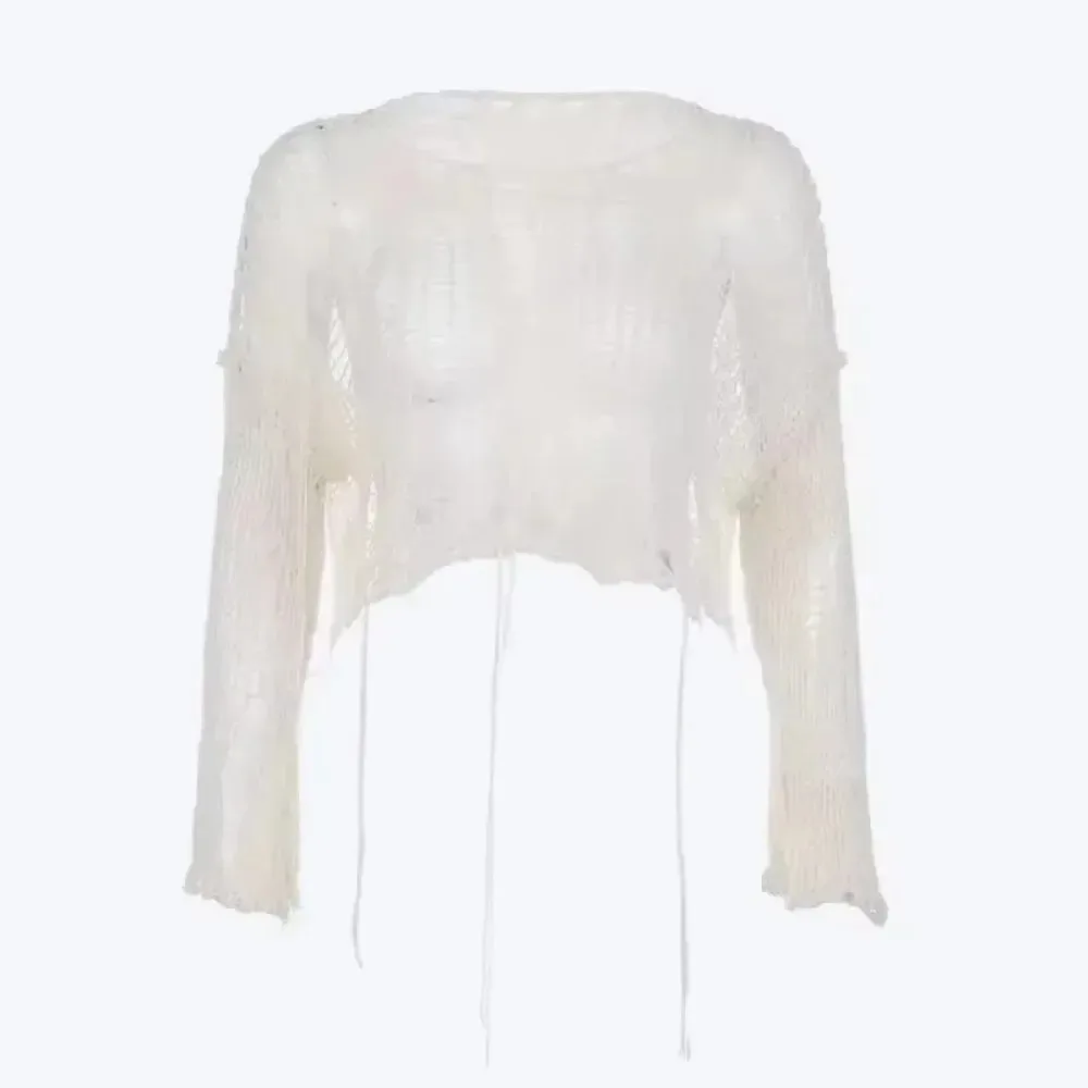 سترة نسائية محبوكة مثيرة باللون الأبيض مائل الرقبة الجرونج سترة ممزقة بلوفر قصير هاراجوكو مفرغ موضة الصيف لاعبا #6