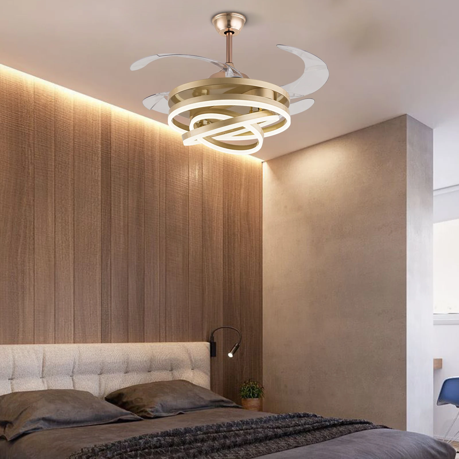 42" Modern Gold Chandelier Ceiling Fan Light Invisible Dimmable Blade LED with Remote Control for Living Room Bedroom Foyer