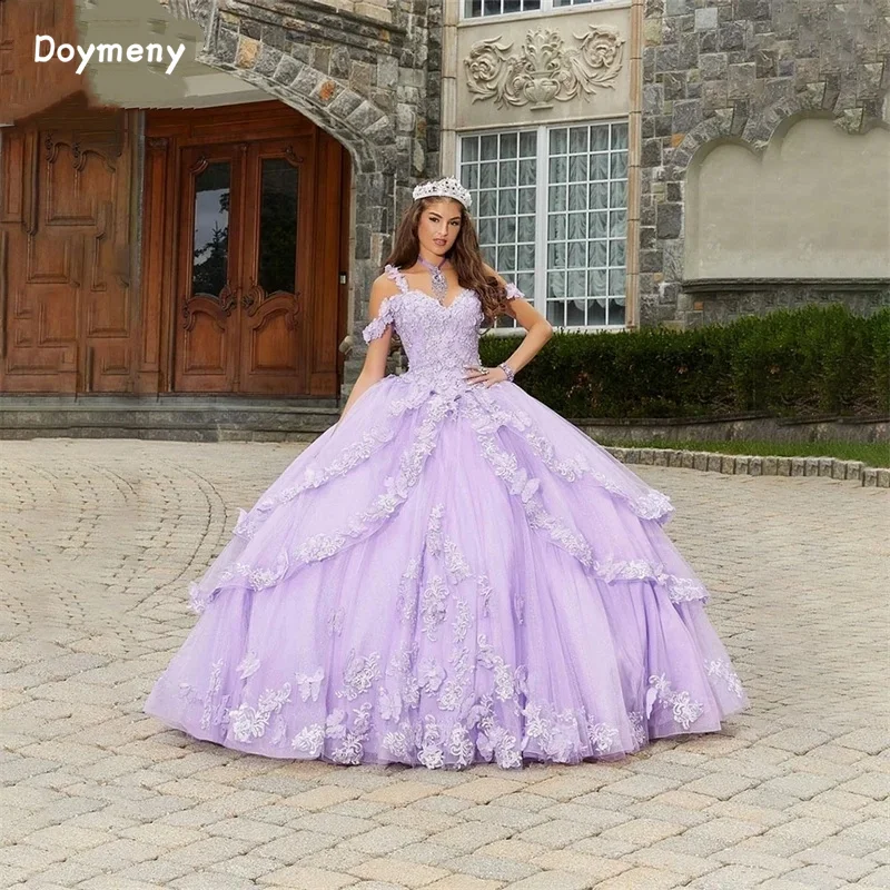 Doymeny-Vestido Quinceanera Borboleta, Correias com Apliques, Tule de varredura em camadas, Vestido Doce 15 Festa