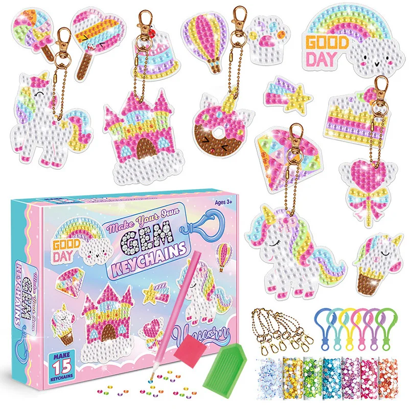 Hot Gem Diamond Painting Art Kits for Kids Cute Stickers with Keychain DIY Tools and Crafts Supplies for Girls Children