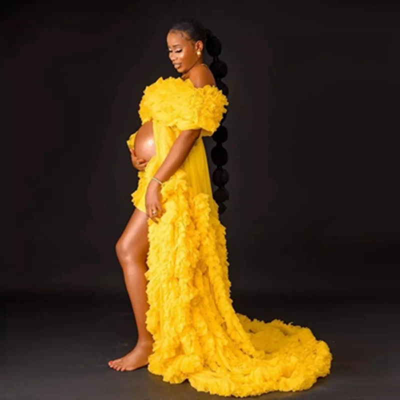 

Off The Shoulder Gold Tulle Maternity Dresses For Photography Sexy Front Split Ruffles Tiered Mesh Pregnancy Gowns Custom Made